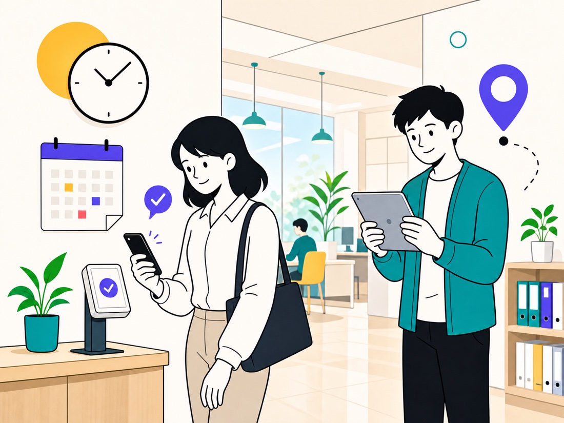 スマートフォンで出勤打刻する社員
