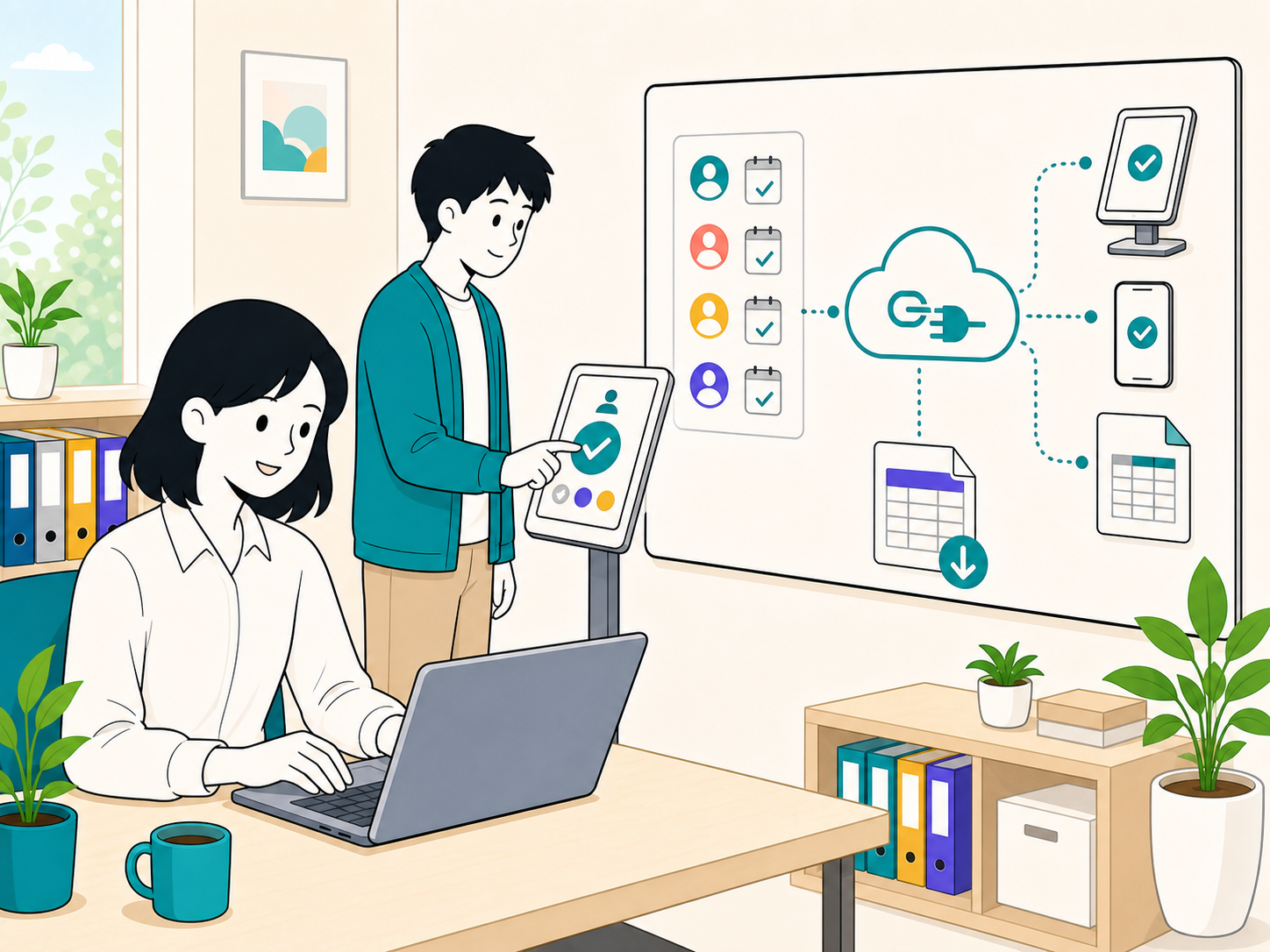 管理者と社員が共有キオスク、スマートフォン打刻、給与ソフト向けデータ連携を確認している様子